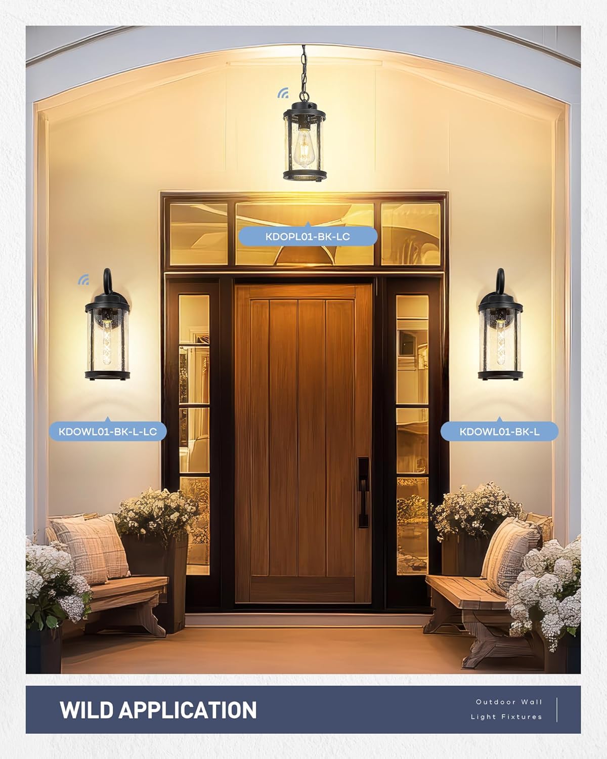 kudos Porch Lights Outdoor, 15.8 inch Large Cylinder Wall Light, E26 Sockets, Anti-Rust Waterproof Light Fixtures Wall Mount for Patio, Black with Seeded Glass, KDOWL01-BK-L