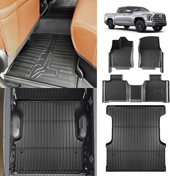 TripleAliners Truck Bed Mat & Floor Mats Front Rear Full Set Compatible with Toyota Tundra 2022-2024 2025 CrewMax Cab Accessories All Weather TPE Liners (5.5FT Truck Bed Mat+Floor Mats)
