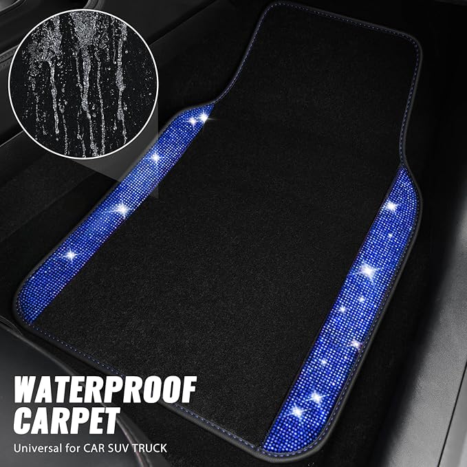 CAR PASS Bling Diamond Leather Steering Wheel Cover 14.5in-15in Floor Mats Shining Rhinestone Carpet Sparkly Glitter Crystal Anti-Slip Pad Fit Automotive SUV Pickup Truck Girl Women, 5pcs Black Blue