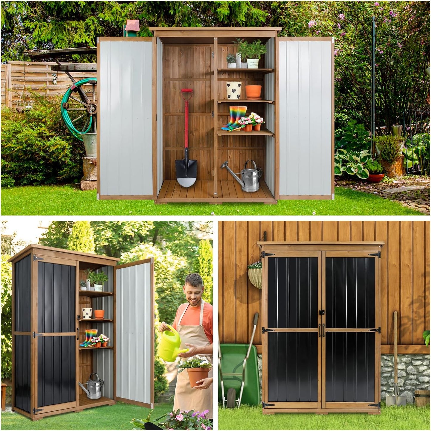 Outdoor Storage Cabinet Waterproof with Shelves, Outdoor Storage Shed Garage Cabinet Weatherproof, Wood & Metal Outside Patio Backyard Garden Pool Storage Tool Organizer