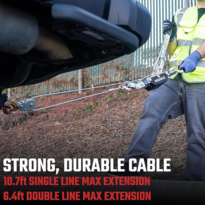 NEIKO 02254A Come Along Winch, 4-Ton (8,000lbs) Pulling Capacity, 9.8Ft, 3 Hook, Heavy Duty Power Cable Come Along Tool with Dual Gears, Hand Winch Cable, Automotive Hoist Winch Puller, Recovery Gear