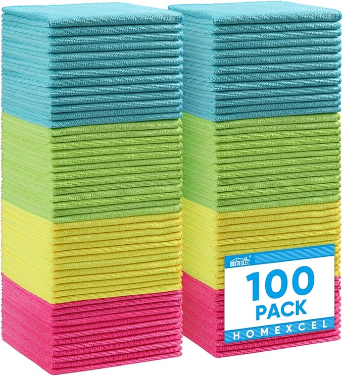 HOMEXCEL Microfiber Cleaning Cloth,100 Pack Cleaning Rags, Cleaning Towels with 4 Color Assorted, 11.5"X11.5" Shop Towels (Green/Blue/Yellow/Pink)