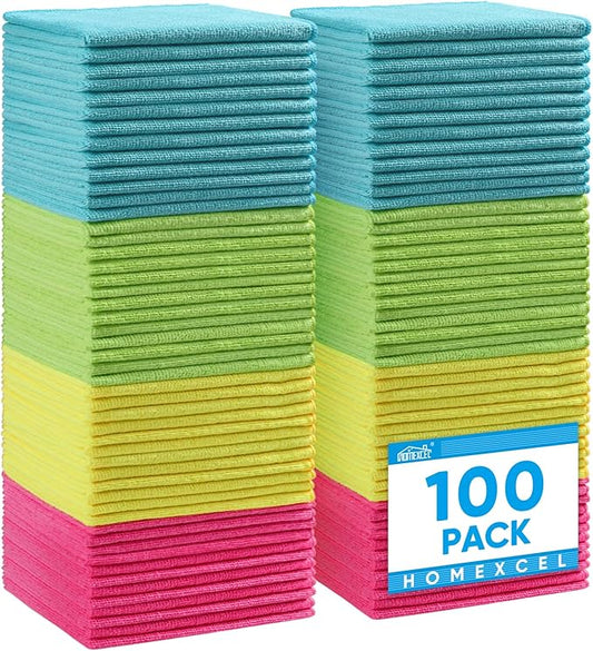 HOMEXCEL Microfiber Cleaning Cloth,100 Pack Cleaning Rags, Cleaning Towels with 4 Color Assorted, 11.5"X11.5" Shop Towels (Green/Blue/Yellow/Pink)