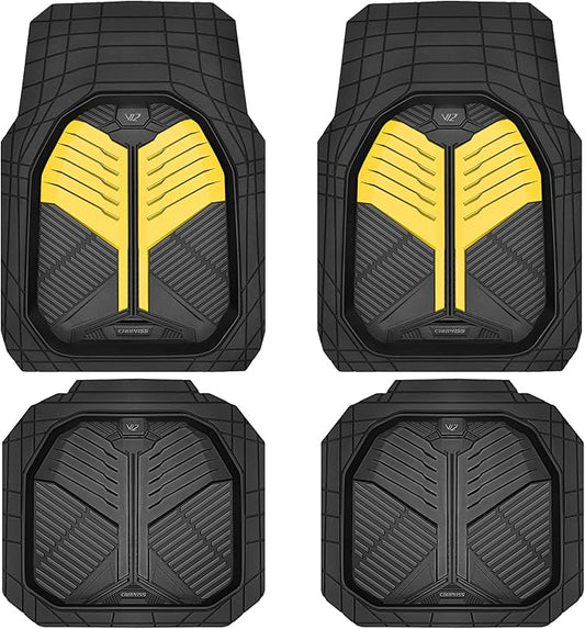 CAR PASS Heavy Duty Rubber Car Mats, Deep Dish Car Floor Mats All Weather, Car Mats Full Set 4-Piece Trim to Fit for Sedans SUVs Trucks, Waterproof Anti-Slip Automotive Mats, V12 Black and Yellow