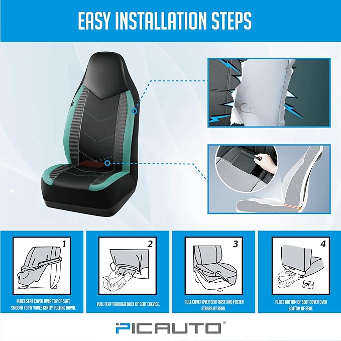 PIC AUTO Leather Car Seat Covers, Sports Carbon Fiber & Mesh Design, High-Back Front & Rear Full Set, Waterproof Automotive Seat Covers, Airbag Compatible, Universal Fit for Most Cars (Black & Mint)