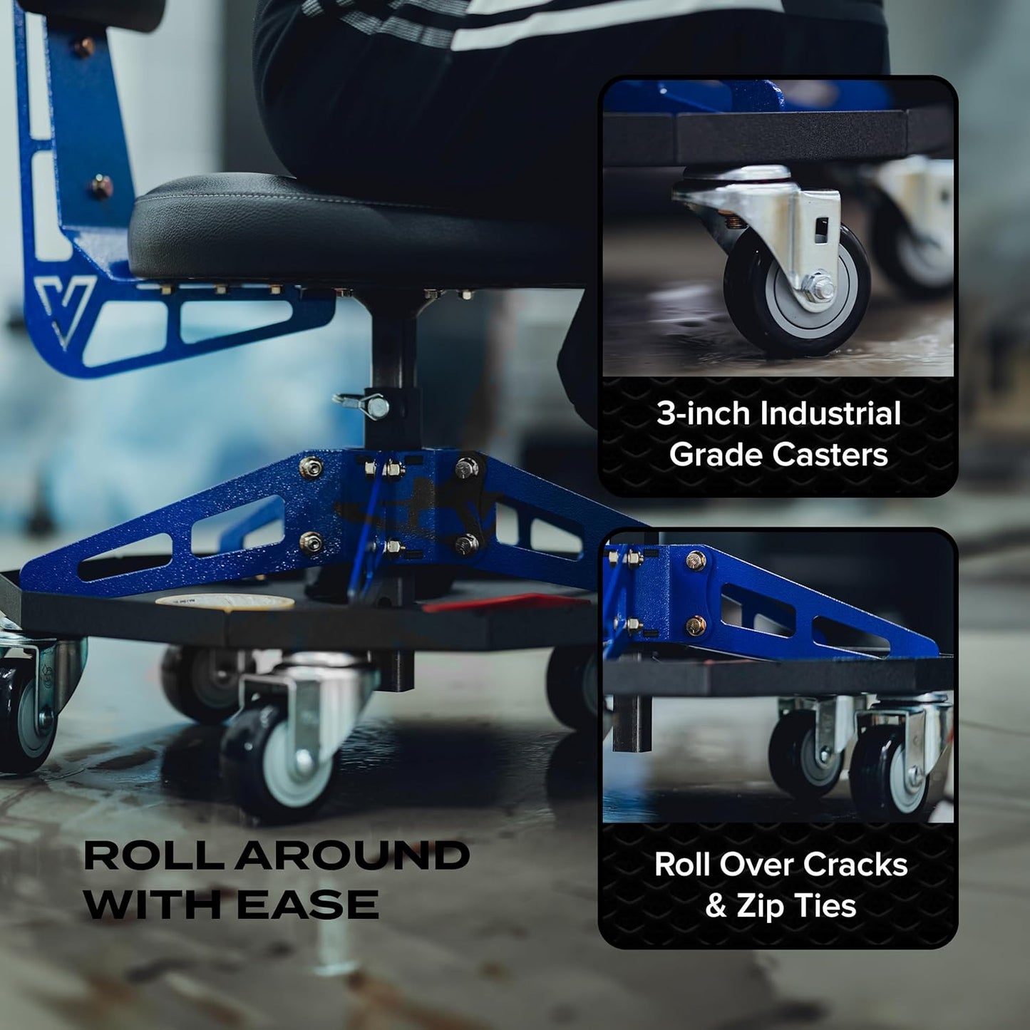 Vyper Robust Steel Sport Shop Chair for Mechanics, Automotive, DIY - 300 lb Capacity Garage Stool with Backrest & Large Wheels (Black Seat, Blue Frame)