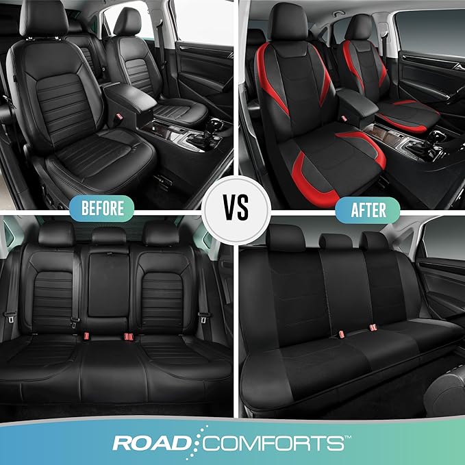 Road Comforts Car Seat Cover Full Set, Leather Mesh Seat Covers, Airbag Compatible, Universal Fit for Most Cars, SUVs, Trucks, and Vans - Red
