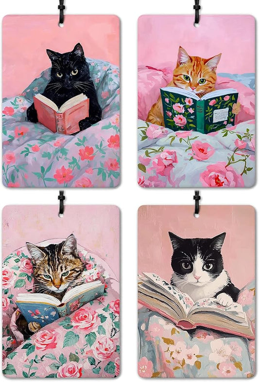 Funny Cat Reader Book Car Air Freshener 4 Pcs, Preppy Pink Floral Black Orange Tabby Cats Bookish Hanging Air Freshener for Car Closet Drawer Books, Girly Car Accessories Mirror Decor for Women