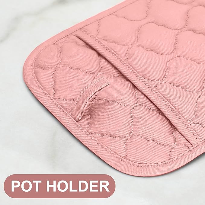Oven Mitts Pot Holders Sets/Kitchen Towels and Dishcloths, Oven Gloves Kitchen Dish Towels 500 Degree Heat Resistant Potholders with Non-Slip Silicone Surface for Cooking, Grilling, Baking-Pink