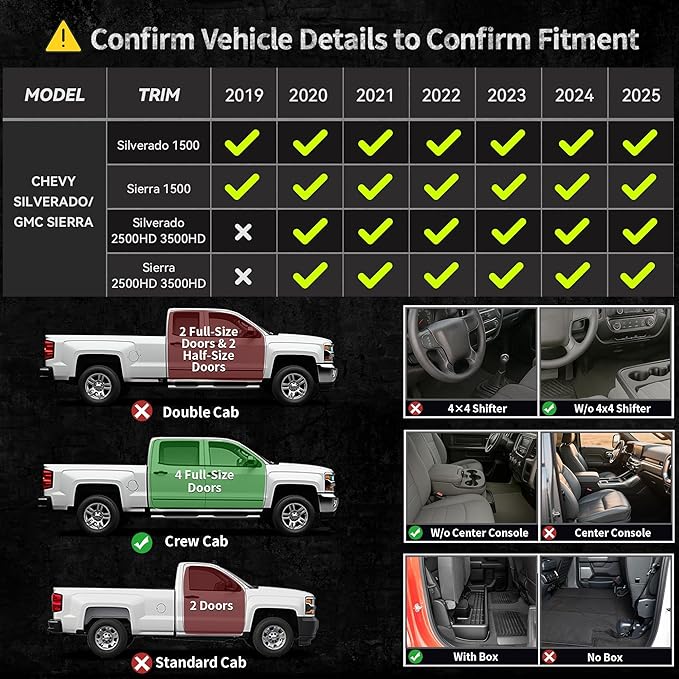 OEDRO Floor Mats Fit for 2019-2025 Chevrolet Silverado GMC Sierra 1500 & 2020-2025 2500HD 3500HD Crew Cab Bench Seat, All-Weather Protection Floor Liners, TPE Material Car Mats, Black