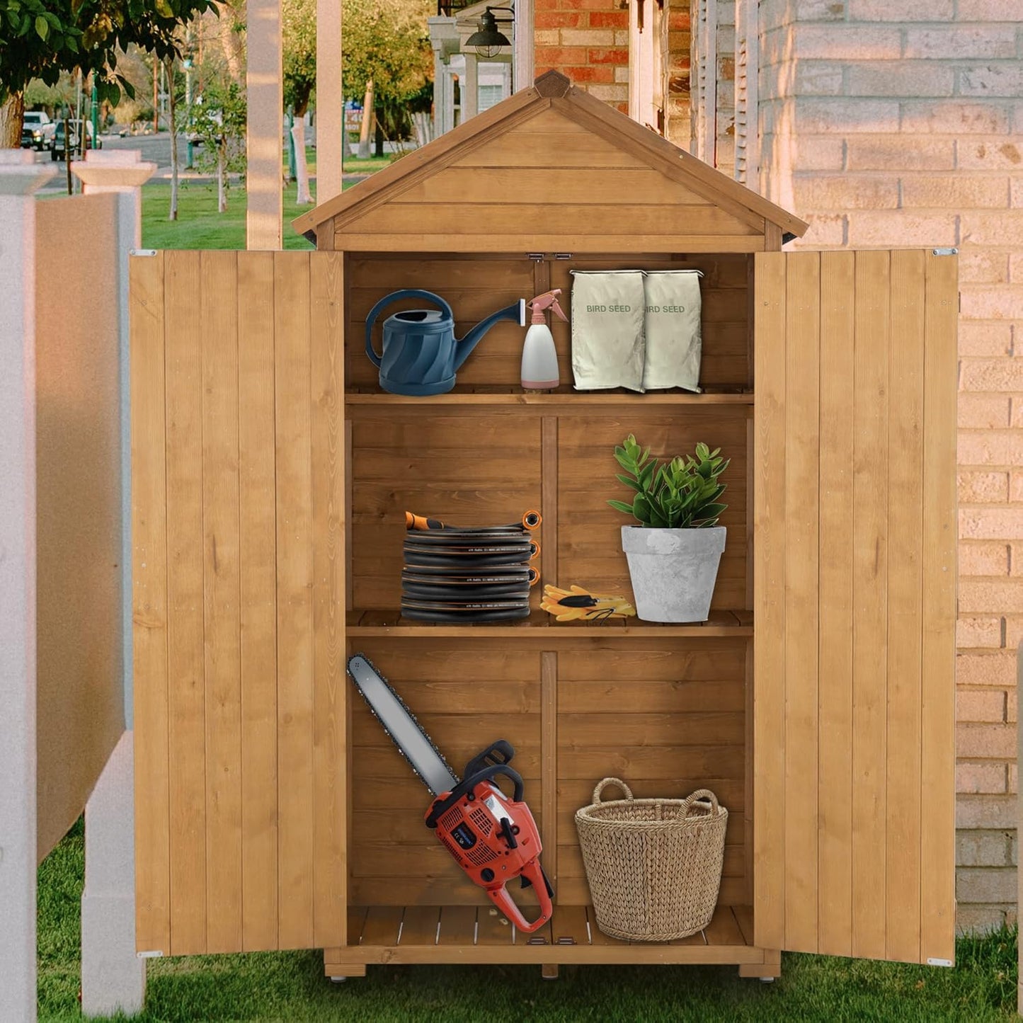 MCombo Outdoor Storage Cabinet with 2 Shelves, Outside Storage Shed with Floor, Wooden Garden Tool Shed with Latch for Yard Deck Lawn, 1000