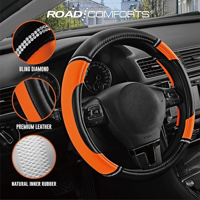 Road Comforts Leather Steering Wheel Cover - Made with PVC Leather - Anti-Slip, Universal Fit 14 1/2 inches to 15 inches - Orange