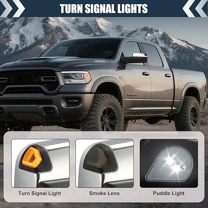 Tow Mirrors Compatible with 2009-2018 Dodge Ram 1500, 2010-2018 2500 3500, Flip Up Extended Trailer Towing Side Mirrors w/Smoked Turn Signal, Power Heated, Chrome