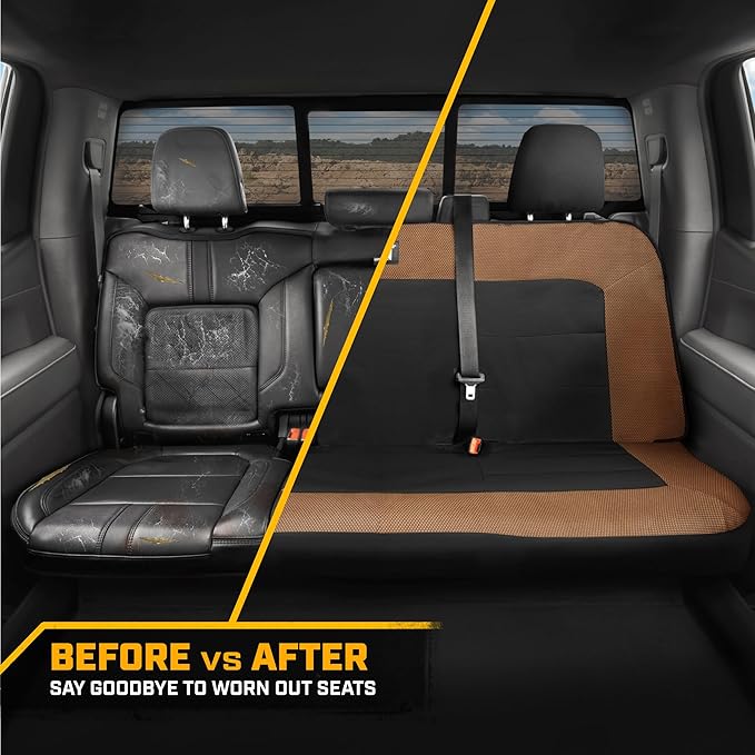 CAT MeshFlex Beige & Black Rear Seat Cover for Car – Durable Canvas & Mesh Design 60/40 Split Bench Protector for Cars, Trucks & SUVs – Back Seat Cover for Rear Bench – Interior Car Accessory