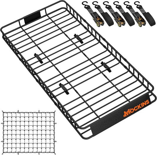 Mockins 84"x39"x6" XL Extendable Roof Rack Cargo Carrier for Top of Vehicle Storage | 250 Lbs. Capacity Weatherproof Steel Heavy Duty Roof Rack Basket | Rooftop Cargo Carrier Basket w/Straps & Net