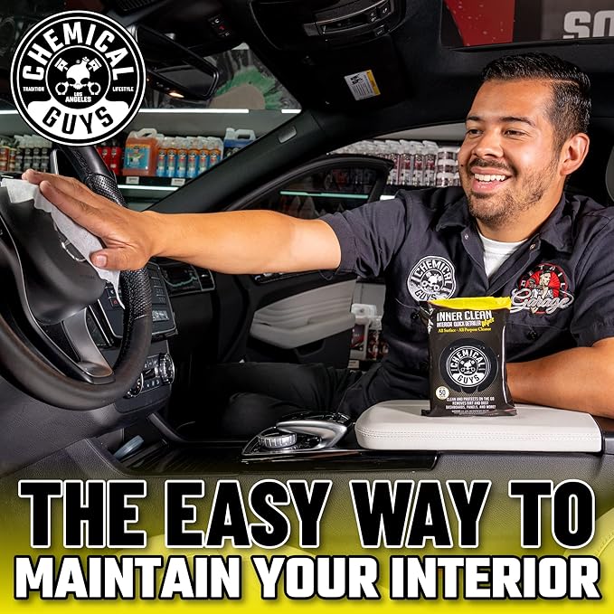 Chemical Guys InnerClean Interior Quick Detailer & Protectant Wipes – 50 Pack Multi Surface Cleaning Wipes for Dashboards, Doors and Seats – Safe for Cars, Trucks, SUVs, RVs and Home Use