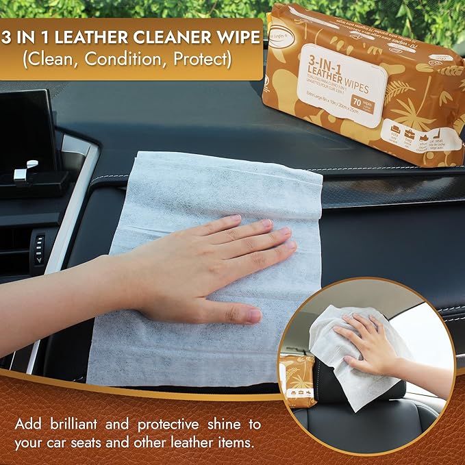 Air Jungles 3in1 Leather Cleaner Wipes 70 Count, Extra Large 8" x 10" Size, Clean Condition Protect Wipes for Vinyl and Leather Apparel Furniture Auto Car Interior Shoes Boots Bags