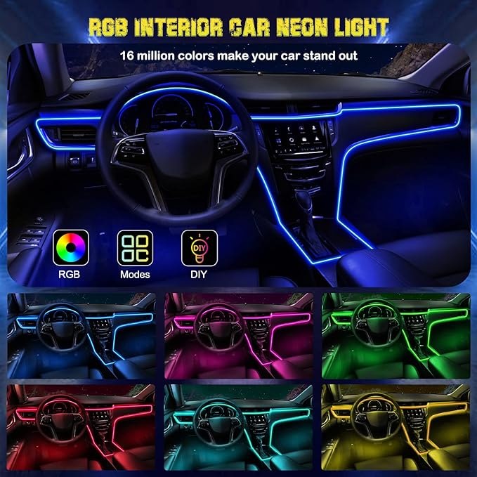 Interior Car LED Strip Lights, RGB USB Ambient Lighting with Fiber Optic, EL Wire Car Accessories (2 in 1)