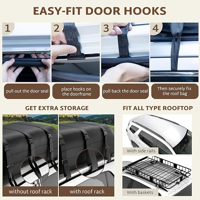 iBirdie Roof Rack Cargo Carrier 32.1 Cubic Feet, XXL Soft-Shell Rooftop Cargo Box, Waterproof Heavy Duty 1200D for Car with/Without Roof Rack, Includes Anti-Slip Mat, Door Hooks, 60x37x25 inches