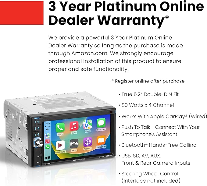 BOSS Audio Systems BCP62 Car Stereo - Apple CarPlay, Double Din, 6.2 Inch Capacitive Touchscreen, Bluetooth, No CD DVD Player, AM/FM Radio Receiver, USB