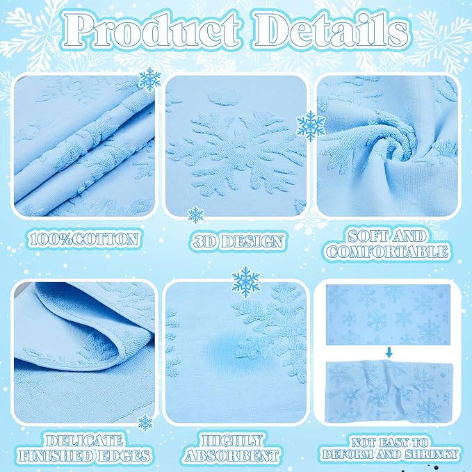 4 Pack 3D Winter Snowflake Bath Towels 14" x 30" Christmas Bathroom Hand Towels Jacquard Absorbent Soft Cotton White Blue Design Kitchen Drying Cleaning Decorative Xmas Holiday