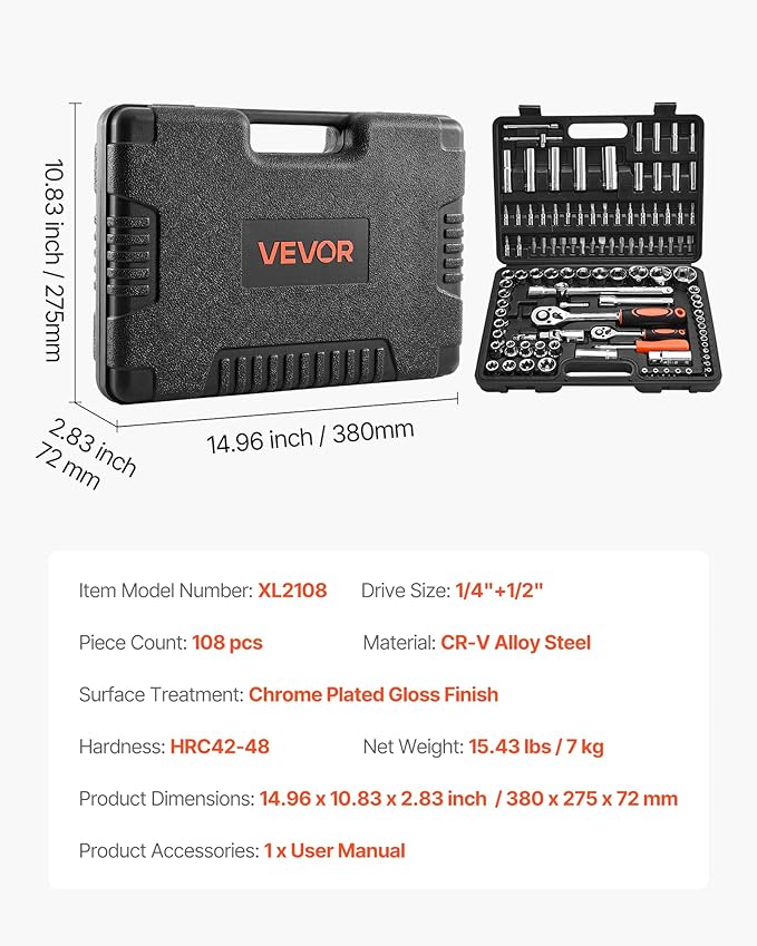 VEVOR Socket Set, 108 Pieces, 1/4 & 1/2 inch Drive Socket and Ratchet Set, Metric Size from 4 to 32 mm, Mechanic Tool Kit with Bits, Accessories, Storage Case, CR-V Alloy Steel, for Automotive Repair