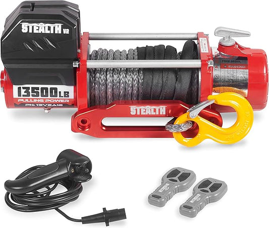 Stealth Winches 13500lb Truck Winch,12-Volt Electric Winch with 2 Wireless remotes and Synthetic Rope, 4x4, Perfect for Off-Road SUV Towing Trailer Winch, Weatherproof, with Hawse Fairlead Heavy Duty
