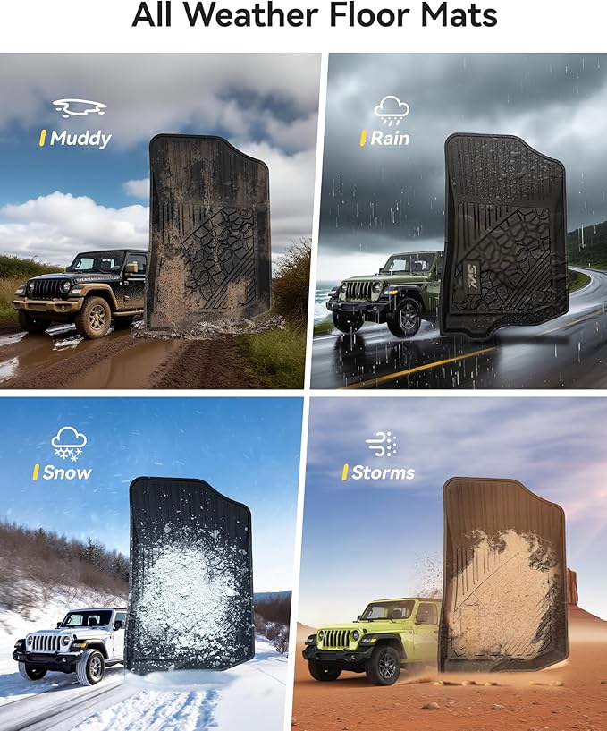 3W Floor Mats Compatible for Jeep Wrangler JL 2018-2024 2025 Unlimited 4-Door Gas/MHEV Type(Non JK or 4XE) All-Weather TPE Floor Liner for 1st and 2nd Row Full Set Car Mats, Black
