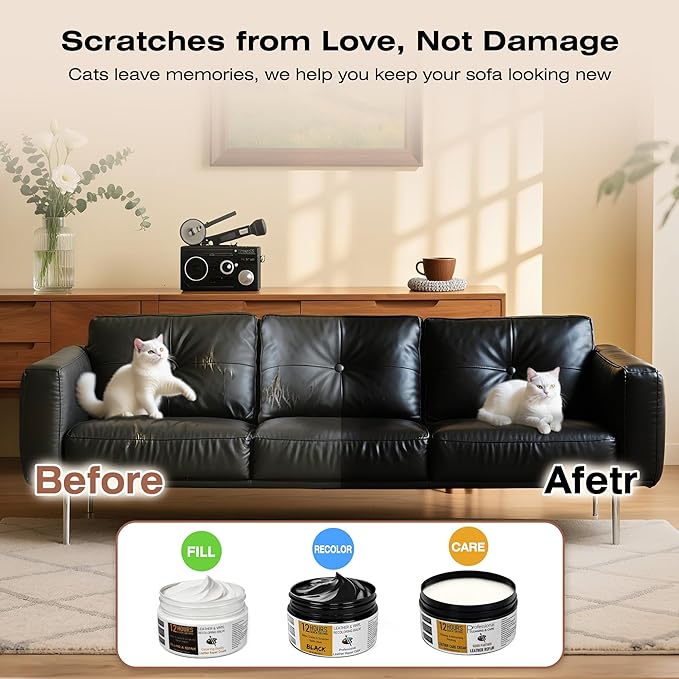 12H Quick-Dry Leather Repair Kit with 3.53Oz Black Leather Recoloring Balm, Filler & 4.23Oz Care Cream, 3-in-1 Vinyl Repair Set for Sofa, Car Seats, Jackets, Purses, Shoes, Faux Leather and More
