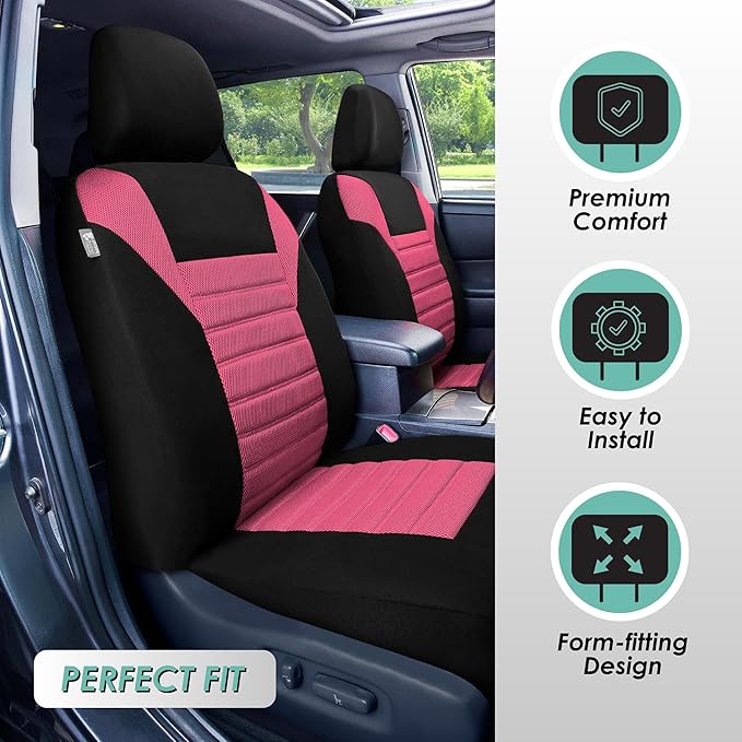 FH Group Automotive Car Seat Covers Full Set Premium 3D Air Mesh Front Seat Covers, Airbag Compatible & Split Bench Cover Universal Fit Interior Accessories for Cars Trucks and SUVs - Pink