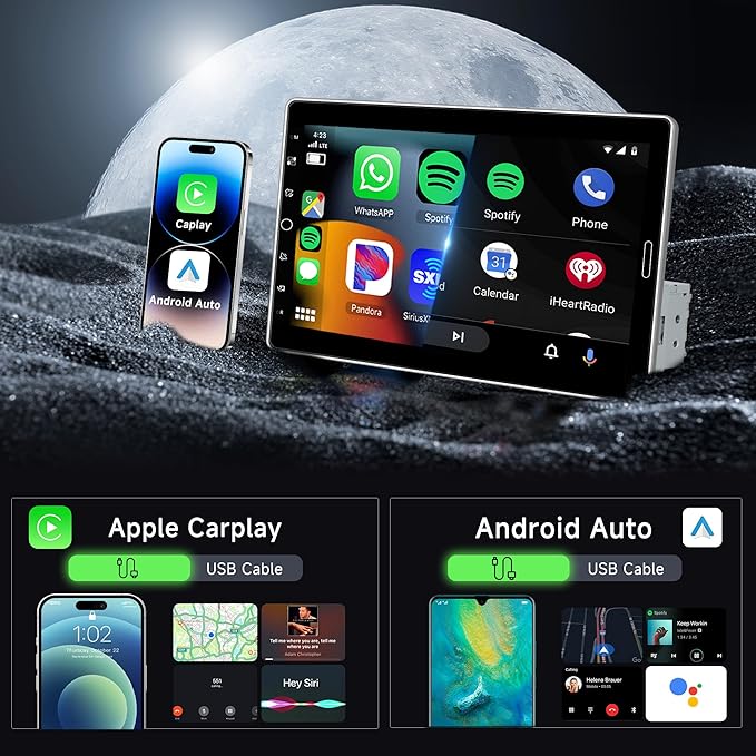 10.1 inch Single Din Car Stereo CarPlay Android Auto Mirror Link, Rimoody Detachable Touch Screen Car Radio with BT 5.0 FM/EQ USB/AUX/TF/SWC/MIC Car Audio Receiver Backup Camera