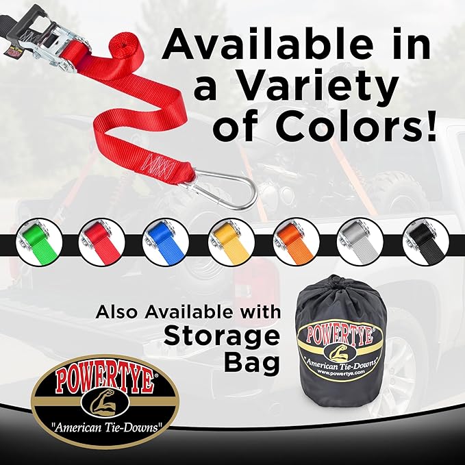 PowerTye 1.5 inch x 6.5ft Heavy Duty Ratchet Tie Down Straps with Carabiner Hooks & Sewn-in Soft-Tye, for Motorcycle, ATV, Trailer & Cargo - 1,000 lb WLL - Made in USA - Silver/Black Pair