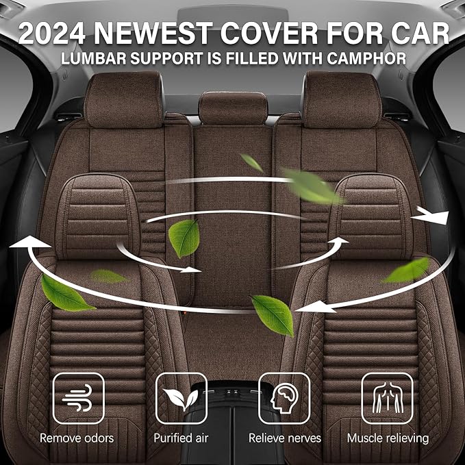 Car Seat Covers Full Set, 5 Seats Universal Linen Vehicle Cushion for Automotive Front and Rear, Seat Protectors Fit for Most SUV Truck Sedans Pick-up Jeep, Airbag Compatible (Brown)