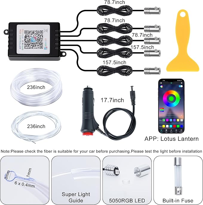 Interior Car LED Lights Wireless APP Control 5 in 1 RGB Ambient Lighting Kit with 236" Fiber Optic, 16 Million Colors Music Sync Waterproof LED Strip Lights for Cars Trucks SUVs Auto Interior Decor