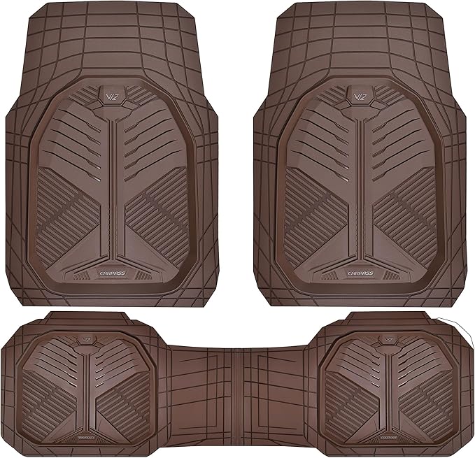 CAR PASS Heavy Duty Rubber Car Mats, Deep-Dish Odorless Car Floor Mats All Weather, Trim-to-Fit for SUVs Trucks Sedans, Waterproof Anti-Slip, 3 Pieces V12 Brown