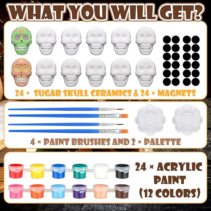 Simgoing 24 Sets Day of The Dead Sugar Skull Ceramic Painting Kit for Adults Dia De Los Muertos Decor Halloween Figurines Crafts Paint Your Own DIY Skull Figurines with 24 Magnet
