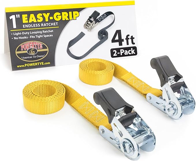 PowerTye - Endless Ratchet Strap - 1in x 4ft Easy Grip (Hookless), Tie Down Strap w/ 400 lb. Working Load Limit / 1,200 lb. Break Strength, Ideal for Motorcycle, Truck Beds, & Cargos, Yellow 2-Pack