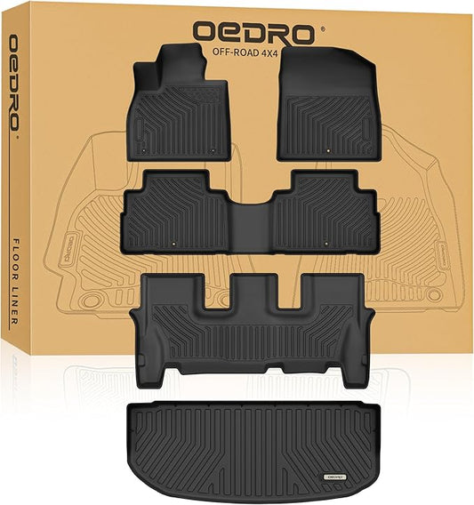 OEDRO Floor Mats Fit for 2020-2025 Hyundai Palisade, Black TPE All Weather Palisade Floor Liners Custom Fit 3 Rows and Cargo Liner Behind 3rd Row Set
