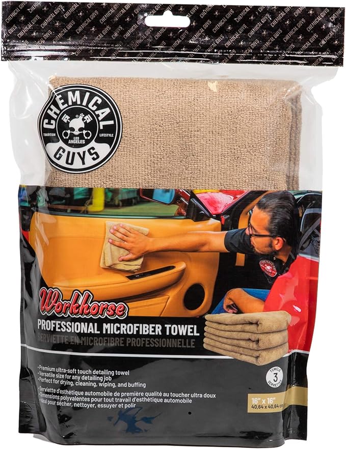 Chemical Guys MIC34403 Workhorse Professional Microfiber Towel, Tan (Safe for Car Wash, Home Cleaning & Pet Drying Cloths) 16" x 16", Pack of 3