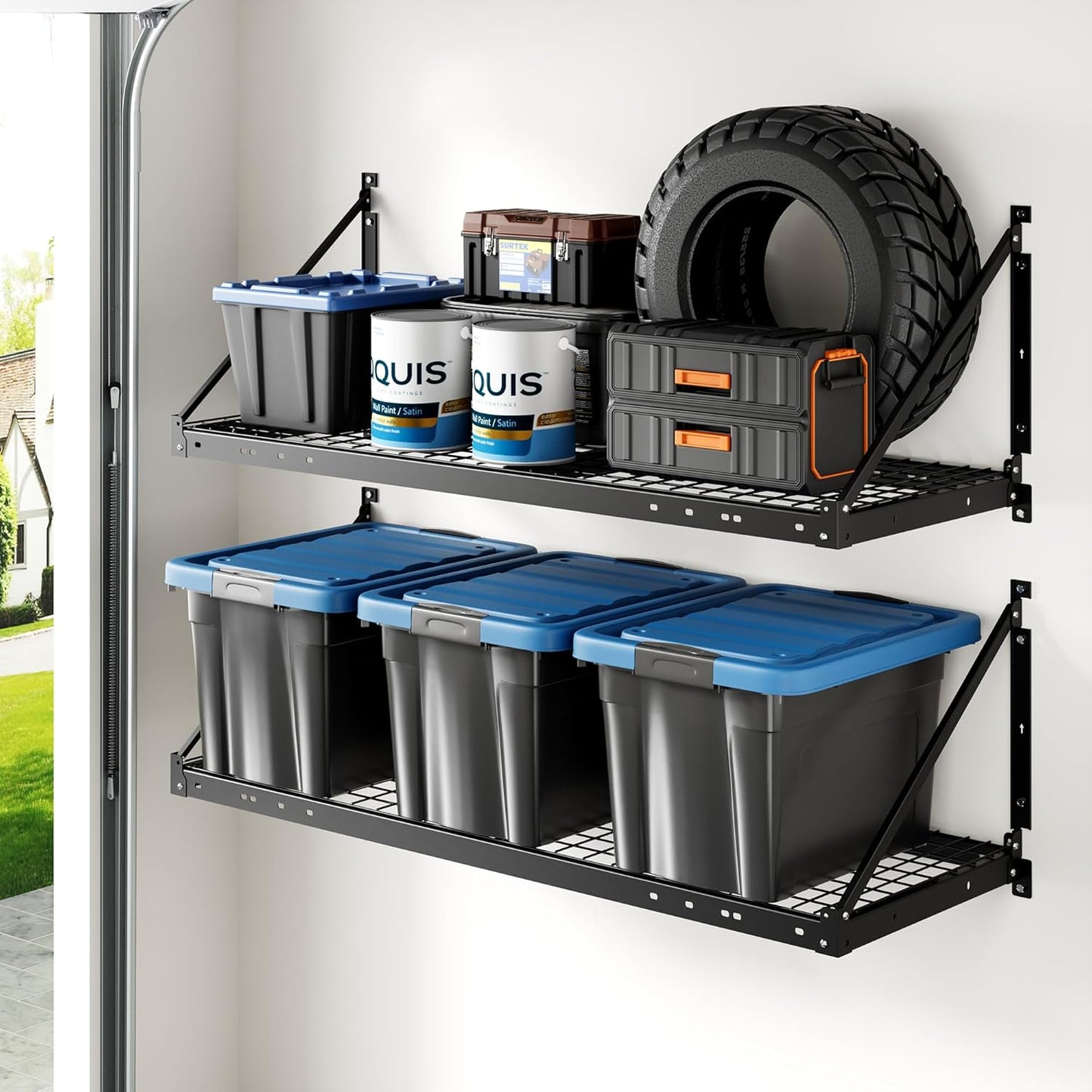 FLEXIMOUNTS 2-Pack 2x4ft Garage Wall Shelving - Heavy Duty Garage Storage Rack, 440 lbs Load Capacity with Brace Guardrail, Organization System for Tools, Heavy Bins, Sports Equipment, Utility Room