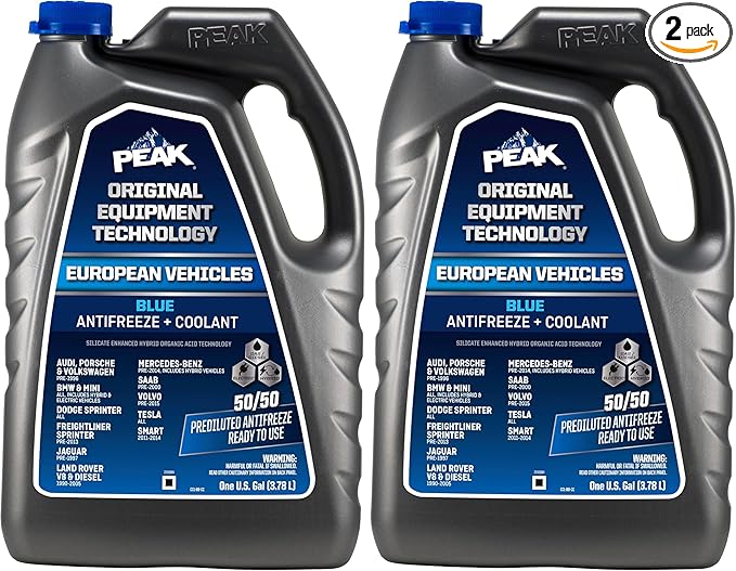 PEAK OET Extended Life Blue 50/50 Prediluted Antifreeze/Coolant for European Vehicles, 1 Gal. (Pack of 2)