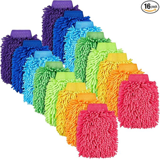Toulite 16 Pcs Car Wash Mitt Chenille Microfiber Wash Mitt Double Sided Glove Cleaning Drying Mitts(5.91 x 9.06 Inch,Bright Colors)