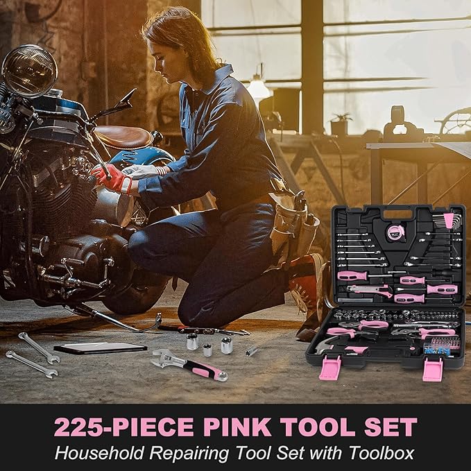 FASTPRO 225-Piece Pink Tool Set, SAE & Metric Mechanics Hand Tool Set with Toolbox, Home/Auto Repairing Tool Kit for DIY, Home Maintenance and Car Repairing