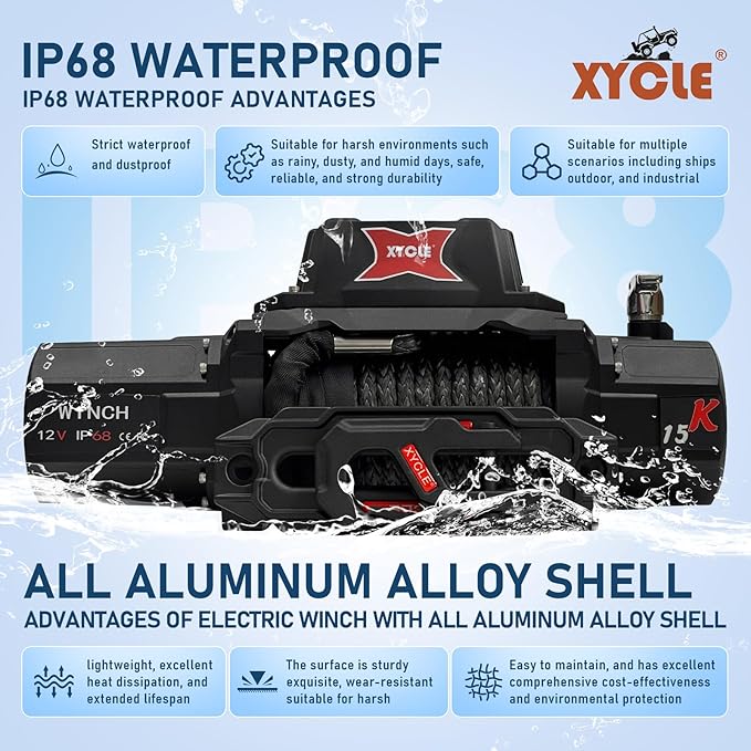 XYCLE15000lbs12V Electric Winch IP68waterproofOff-Road Vehicle Rescue winchs with2wireless Remote Controls and Synthetic Rope Suitable for Towing SUVs,Loggers,Trucks,Trailers,Jeeps,4WD (Dark-Gray)