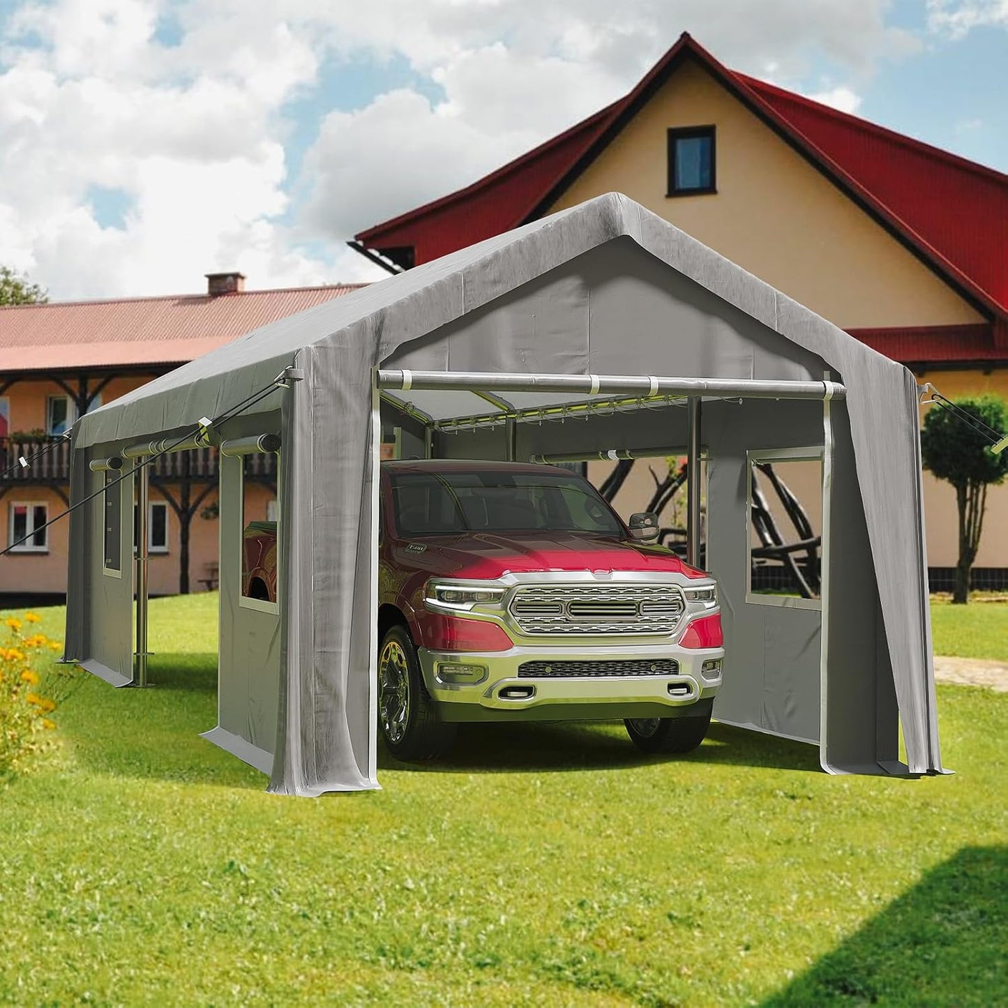 12x20ft Heavy Duty Carport Outdoor Canopy Portable Garage with 4 Doors & 4 Windows Waterproof UV Resistant Storage Shelter with Removable Sidewalls for Car Truck Boat, Gray