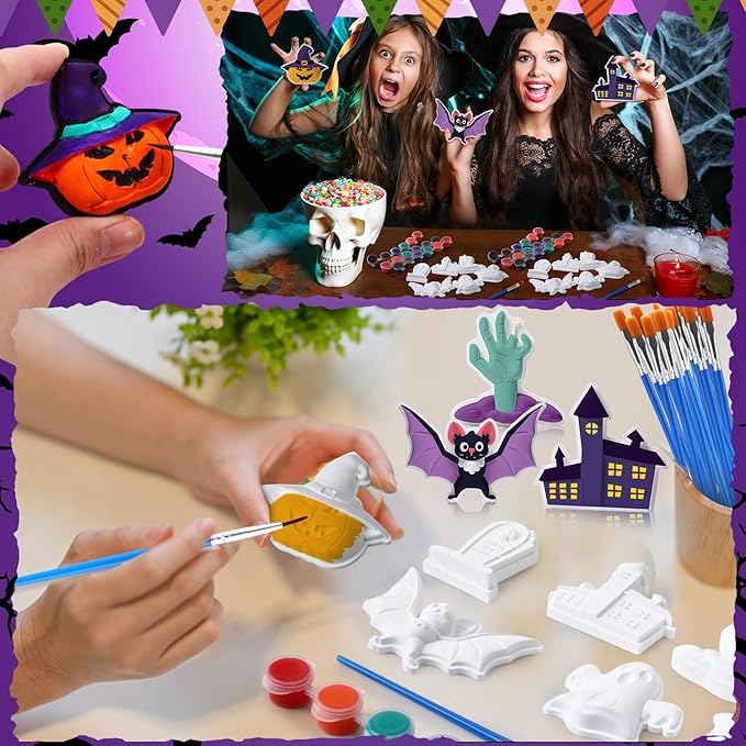 Foilswirl 24 Set Halloween Ceramic to Paint DIY Ghost Tombstone Bat Pumpkin Haunted House Crafts Painting Kit Unpainted Crafts with Brush Bag for Halloween Party Favor Gifts Boo Basket Stuffers