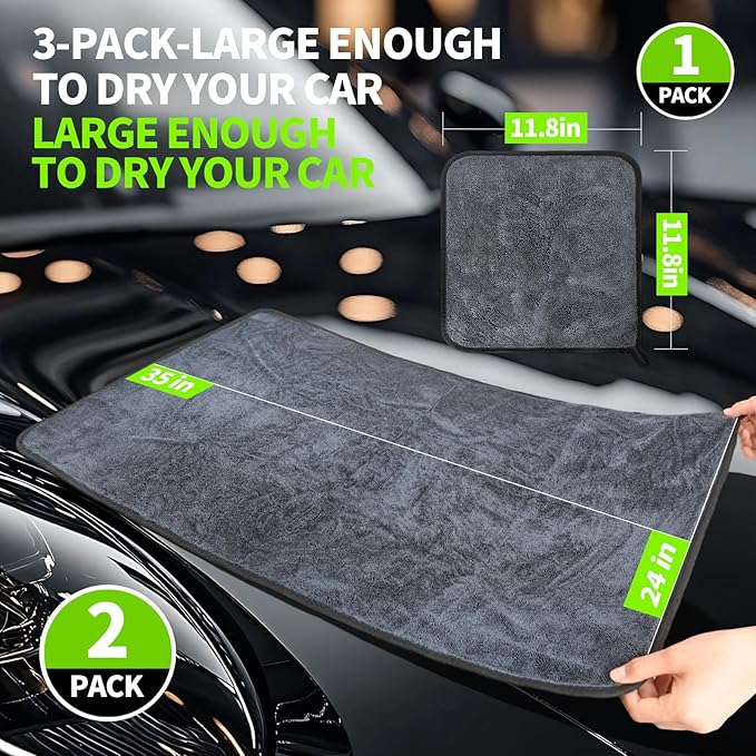 Wontolf 3-Pack Car Drying Towel, Ultra Absorbent Microfiber Towels for Cars (36" x 24"), Drying Towels Car Detailing, Streak Free, No Water Spots, Scratch-Free, with Storage Bag