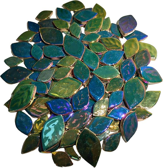1.1LB Iridescent Leaves Ceramics Mosaic Tiles,Making Creative 3 Size Ceramic Mosaic Pieces for DIY Craft,Flowerpots,Vases,Cups,Garden Decor Mosaic Making Supplies (Peacock Green)
