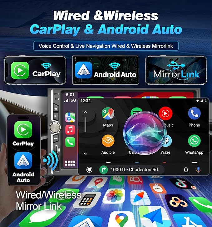 7" Wireless Double Din Car Play Stereo Apple Carplay Screen Radio Audio Receiver Android Auto Bluetooth 4.2 Channel 240W Amplifier Subwoofer MirrorLink Navigation FM/AM SWC Backup Camera Fast Charger
