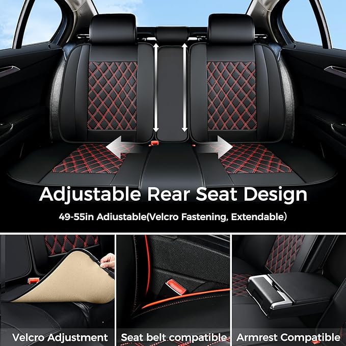 Huidasource Rear Bench Car Seat Covers, Split Back Leather Seat Cover, Automotive Interior Car Seat Cover Protector Universal Fit for Most Cars Sedan SUV Pickup Truck (Back Row/Black&Red)